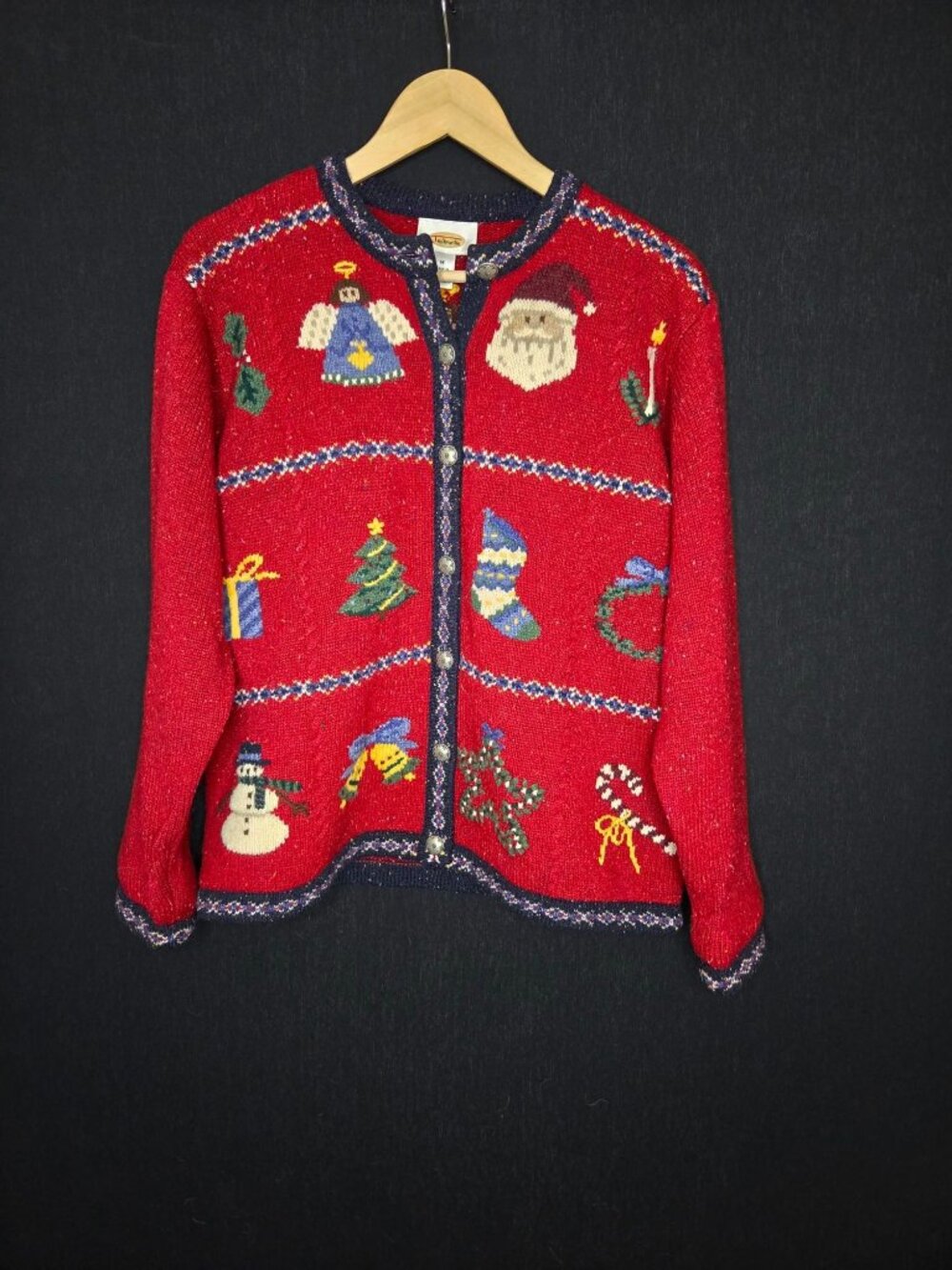 💙 Vintage 90s Talbots Christmas Cardigan 100% Lambswool Size M Santa Holiday